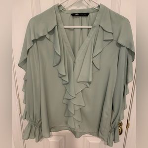 NWT - Zara Light Teal Ruffle Blouse